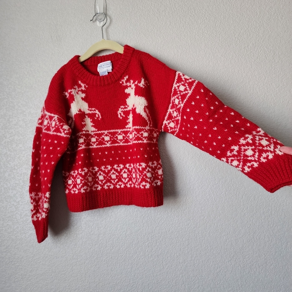 ONE OF A KIND x VINTAGE wool christmas holiday reindeer sweater red white 6-7 - Picture 5 of 5